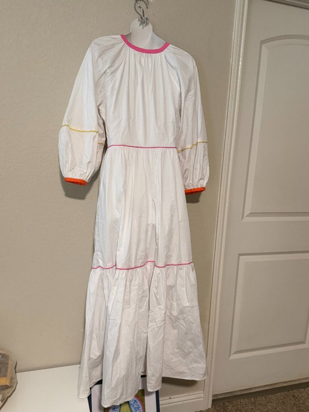 STAUD Demi Dress White Poplin Rainbow Trim Maxi Dress Tiered, Cotton, Small, NWT - Picture 3 of 10